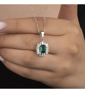 Elmas Zumrut  Zirkon Taşlı925 Ayar Gümüüş Kadın Kolye