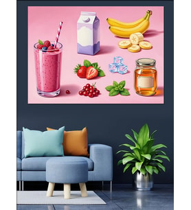 Pembe Smoothie Ve Meyve Kompozisyonu Dekoratif Kanvas - Mdf Ahşap Tablo