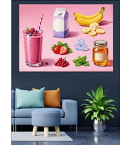 Pembe Smoothie Ve Meyve Kompozisyonu Dekoratif Kanvas - Mdf Ahşap Tablo