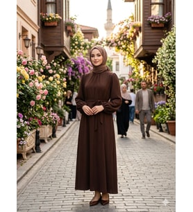 Kadın Beli Kuşaklı Boydan Tesettür Elbise