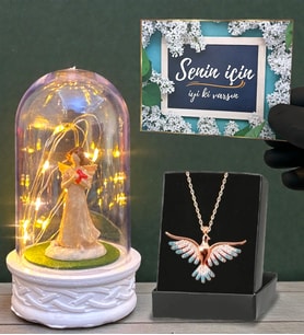 Renkli Zümrüdü Anka Kuşu Kolye ve Led Işıklı Fanus Hediye Seti (Model 5)