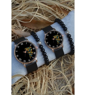 Siyah Rose Gold Hasır Çift Kelebek Saat Ve Bileklik Hediyeli Çift Sevgili Saatleri