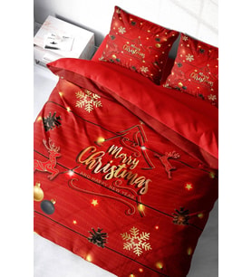 Yılbaşı Nevresim Takım %100 Doğal Pamuk Merry Christmas Çift Kişilik Cone