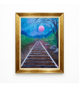 Tablore Gold Çerçeveli Pembe Dolunay ve Gece Manzaralı Tren Yolu Tablosu