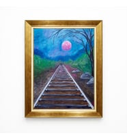 Tablore Gold Çerçeveli Pembe Dolunay ve Gece Manzaralı Tren Yolu Tablosu