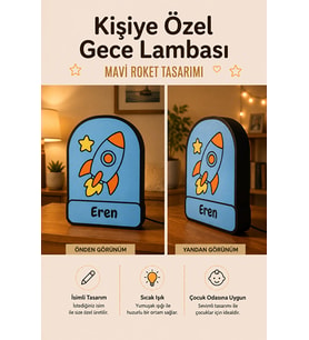 Kişiye Özel İsimli Mavi Roket Gece Lambası Sıcak Işıklı Çocuk ve Bebek Odası Dekoru