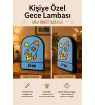 Kişiye Özel İsimli Mavi Roket Gece Lambası Sıcak Işıklı Çocuk ve Bebek Odası Dekoru