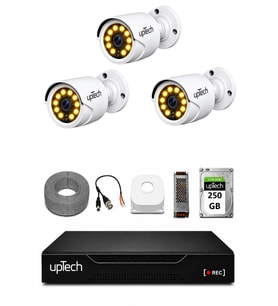 UPTECH Full HD 3 Kameralı Gece Renkli Görüş Su Geçirmez Güvenlik Kamera Seti 250GB HDD 2239