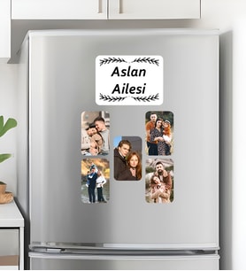 Kişiye Özel Yazılı ve 5 Fotoğraflı 6'lı Aile Magnet Seti Yeni Ev Hediyesi İsimli Dekoratif 6 Parça Resimli Magnet Fotoğraflı Buzdolabı Magnet
