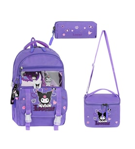 İlkokul Kız Çocuk Çantası 3'lü Set Kuromi Benzeri 42*30 Cm Beslenme Çantası Kalem Kutusu Ortopedik