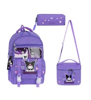 İlkokul Kız Çocuk Çantası 3'lü Set Kuromi Benzeri 42*30 Cm Beslenme Çantası Kalem Kutusu Ortopedik