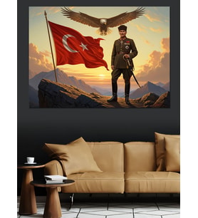 Dağ Başında Bayraklı Atatürk Portresi Dekoratif Kanvas - Mdf Ahşap Tablo