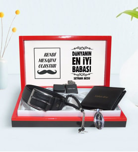 BK Gift Kişiye Özel Dünyanın En İyi Babası Tasarımlı Mesajlı Kutuda Cüzdan Kemer Çakmak Tespih ve Anahtarlık Hediye Seti-6