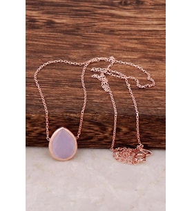 Pembe Kuvars Taşlı Rose 925 Ayar Gümüş Kolye 6479