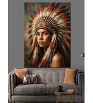 Tüylü Başlıklı Kızılderili Kadın Portresi Dekoratif Kanvas - Mdf Ahşap Tablo