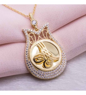 925 Ayar Gümüş Altın Kaplama Tuğralı Lale Kolye Model 2