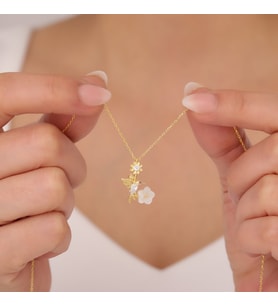 925 Ayar Gümüş Arı Kuşu Sedef Çiçekli Kolye (Gold)