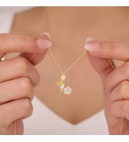 925 Ayar Gümüş Arı Kuşu Sedef Çiçekli Kolye (Gold)