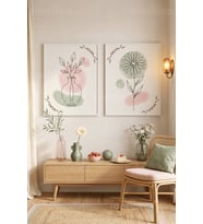 Pastel Minimalist Çiçek ve Bitkiler 2'li Ahşap Çerçeveli Tablo Seti