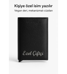 Kişiye Özel Baskılı Vegan Deri Rfid Mekanizmalı Siyah Cüzdan
