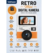 Retro Mini Dijital Kamera 1080p 1.47 İnç Flip Ekranlı Flaşlı Selfie Vlog Kamerası 4gb Sd Hediyeli Turuncu
