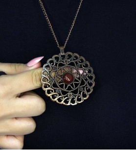 Doğal Taş Akik Doğal Taşlı Yuvarlak Model Antik Kadın Kolye euk47a (Kırmızı)