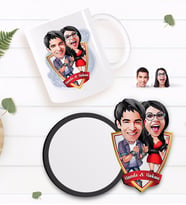 BK Gift Kişiye Özel Sevgililer Karikatürlü Beyaz Kupa ve Ahşap Bardak Altlığı Hediye Seti-1