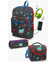 Coral High Kids Koyu Gri Kırmızı Uzay Desenli USB'li 3’lü Okul Çanta Seti - Erkek Çocuk