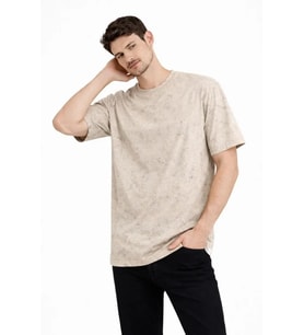 Erkek Asit Yıkama Bisiklet Yaka Kısa Kollu Oversize T-Shirt Tişört - Bej
