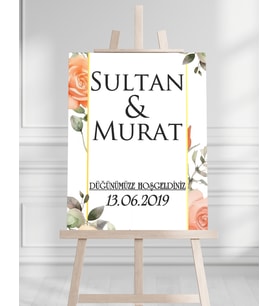 Söz Nişan Düğün İçin 50x70 Karşılama Panosu - Siyah Gül Çiçek Desenli