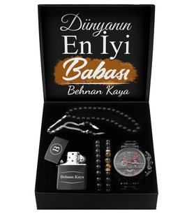Babalar Gününe Özel Tasarım Kutu & Metal Siyah Spor Saat & İkili Bileklik & Kişiye Özel Çakmak & Tesbih Seti