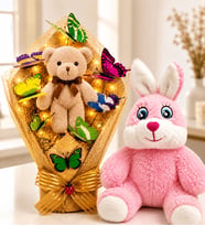LED Işıklı Kahve Peluş Ayıcıklı Buket ve Pembe Peluş Tavşan Hediye Seti