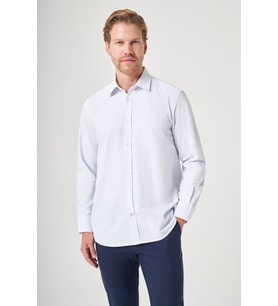 Beyaz-Mavi Sert Yaka Uzun Kol Cepli Comfort Fit Pamuklu Gömlek 1004260222