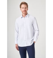 Beyaz-Mavi Sert Yaka Uzun Kol Cepli Comfort Fit Pamuklu Gömlek 1004260222