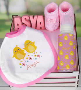 eJOYA Ahşap Sandıkta Kişiye Özel Önlük Biberon Taş İsimlik Ve Patik Bebek Hediye Seti 109525 (Pembe)