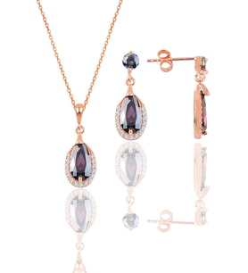 Gümüş rose mistik taşlı damla modeli kolye ve küpe ikili set SGTL12073MISTIK