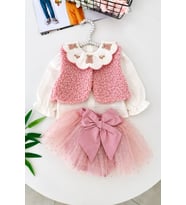 Ayıcık İşleme Detaylı Tül Etekli Kuzu Yelek Kız Bebek 3 lü Takım - Pembe