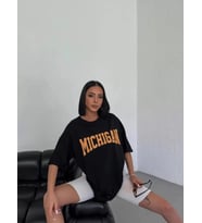 Unisex Bisiklet Yaka Baskılı Oversize T-Shirt - Beyaz