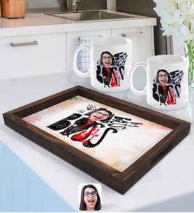 BK Gift Kişiye Özel Kadın Big Boss Karikatürlü Doğal Ahşap Tepsi ve 2’li Kupa Bardak Seti-3