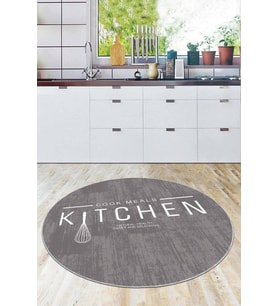 Gri Kaymaz Taban Kitchen Yazılı Yuvarlak Mutfak Halısı AR800