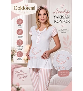 Gd Goldoremi 24-284 Kadın Lohusa Kısa Kollu Çizgili Hamile Pijama Takım