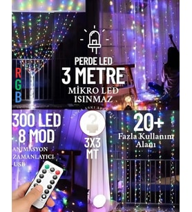 RGB Multicolor 300 Ledli 3x3 mt 10 Sarkıt Perde Led Işık 8 Fonksiyon Uzaktan Kumandalı Lamba