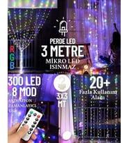 RGB Multicolor 300 Ledli 3x3 mt 10 Sarkıt Perde Led Işık 8 Fonksiyon Uzaktan Kumandalı Lamba