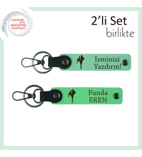 Erkek Sevgiliye Boks Temalı Armağan, Yazı Eklenebilir Deri Anahtarlık Seti, Açık Yeşil-Fıstık Yeşil