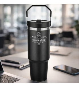 BK Gift Kişiye Özel İsimli Kilit Kapaklı Pipetli 5342 Termos 900 ML-2 Çift Katmanlı Paslanmaz Çelik, Yeni İş Hediyesi