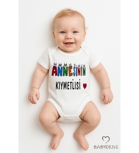 Annesinin Kıymetlisi Yazılı Çıtçıtlı Bebek Body Tulum  %100 Pamuk Kısa Kollu Zıbın  0-3 Ay - 24 Ay (Beyaz)
