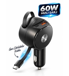 60W 3.4A Hızlı Araç Şarj Cihazı 3'ü 1 Arada Geri Çekilebilir 65cm Kablolu Type-C USB Çakmaklık Şarj Adaptörü