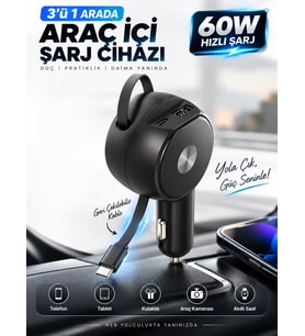60W 3.4A Hızlı Araç Şarj Cihazı 3'ü 1 Arada Geri Çekilebilir 65cm Kablolu Type-C USB Çakmaklık Şarj Adaptörü