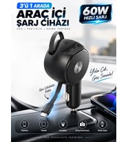 60W 3.4A Hızlı Araç Şarj Cihazı 3'ü 1 Arada Geri Çekilebilir 65cm Kablolu Type-C USB Çakmaklık Şarj Adaptörü
