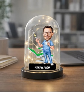 BK Gift Kişiye Özel Erkek Diş Hekimi Karikatürlü Led Işıklı Cam Fanus Biblo -1, Mesleki Hediye, Sevgiliye-Arkadaşa Hediye